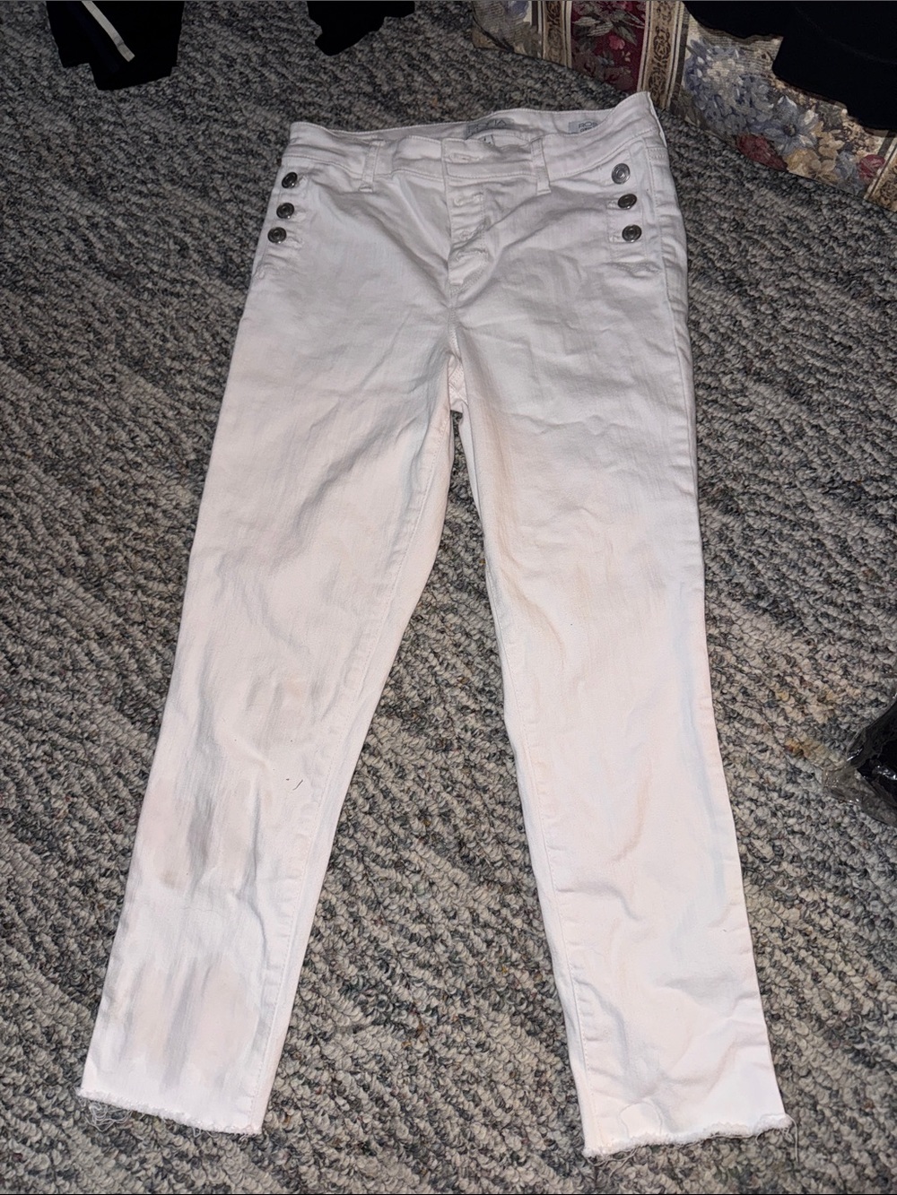 High-Rise White Skinny Pants with Side Button Detail